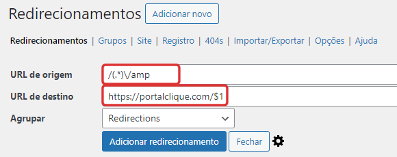 Redirecionar páginas de AMP para não AMP com o plugin Redirection no WordPress